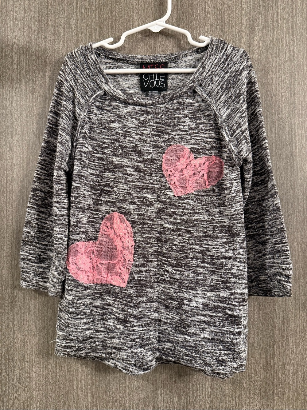 Miss Chievous Gray Marled Knit Top with Pink Lace Hearts
